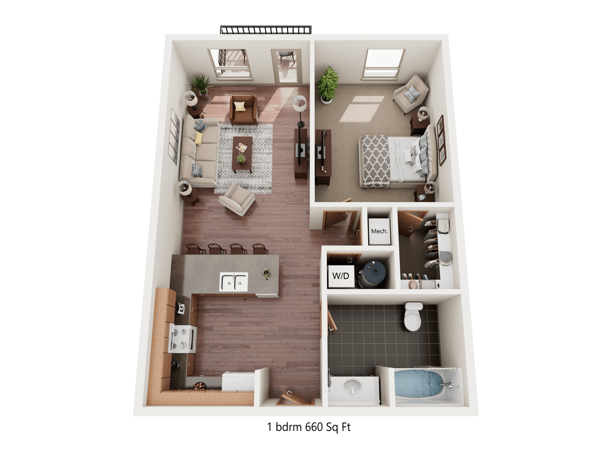 Floor plan for 1 bed, 1 bath, 660 sqft
